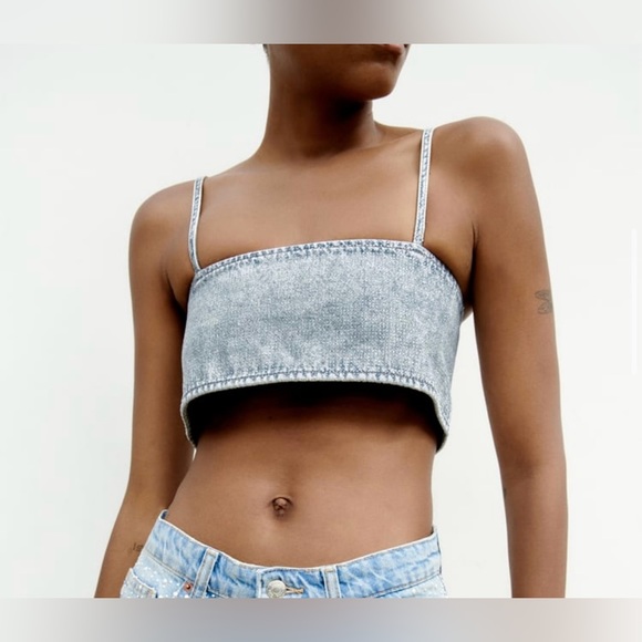 Zara NWT Rhinestone Jewel Denim Crop Top XS - Picture 2 of 12